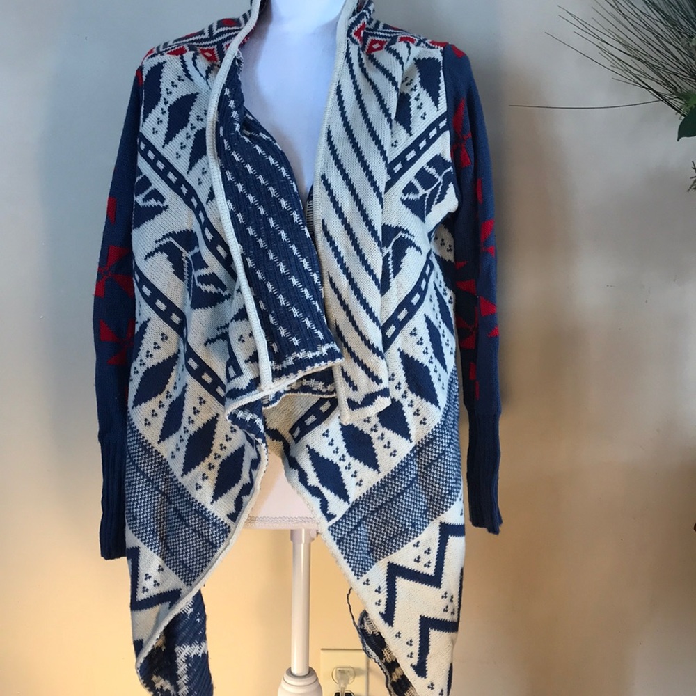 Warm red and blue patterned tribal sweater